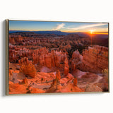 Framed canvas featuring a vintage-style landscape painting of Bryce Canyon in muted earth tones, ideal for bedroom wall art.