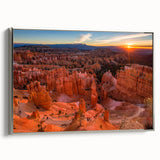 Framed canvas landscape art painting featuring Bryce Canyon with vibrant red and orange tones, ideal for living room decor.