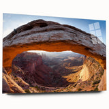 Large abstract wall art of Utah's Canyonlands in muted earth tones on acrylic glass, ideal for bedroom or dining room decor.