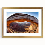 Extra large wall art featuring an abstract print of Utah's Canyonlands in gold frame, ideal for living room decor.