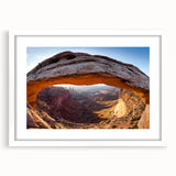 Abstract art print of Canyonlands, Utah, in muted earth tones on a white-framed canvas, suitable for dining room decor.