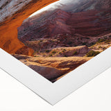Art deco poster of Canyonlands with muted earth tones on rolled canvas, suitable for dining room wall art.