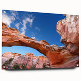 Acrylic print of Capitol Reef, Utah, featuring red rock formations under a blue sky, ideal for dining room decor.