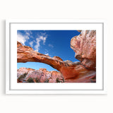 Abstract art print of Capitol Reef, Utah in muted earth tones on a white framed canvas, ideal for dining room decor.