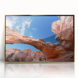 Mid-century modernist style depiction of Capitol Reef, Utah in earth tones on a framed acrylic.