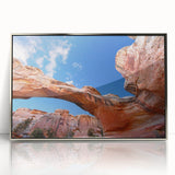 Mid-century modernist art depicting Utah's Capitol Reef in muted earth tones on a framed acrylic print.