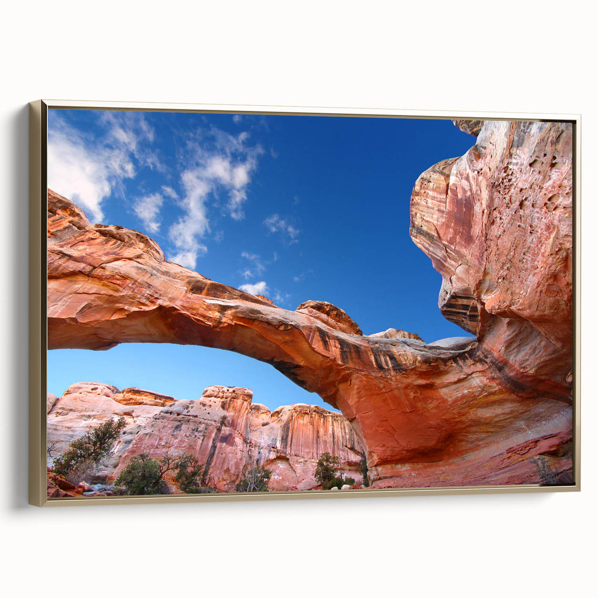 Framed canvas wall art of Capitol Reef, Utah landscape in muted earth tones, ideal for bedroom decor.