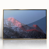 Mid-century modernist art of Salt Lake City skyline in gold and teal tones on a framed acrylic print.