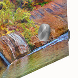 Large abstract wall art depicting Zion National Park in muted earth tones on acrylic glass, suited for dining room ambiance.