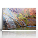 Acrylic print of Zion National Park with vibrant orange and green tones in an art deco style.