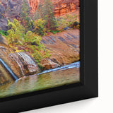 Framed canvas depicting a textured scenery of Zion, USA, with a palette of black and colorful art.