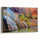 Framed canvas depicting a vintage-style landscape of Zion National Park in muted gold and black tones.