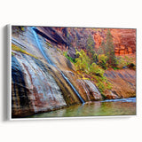 Vintage poster art of Zion National Park on extra large framed canvas, featuring vibrant colors, ideal for living room decor.