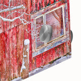 Large abstract wall art of Vermont scenery in mid-century modernist style on acrylic glass, suitable for dining room decor.