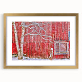 Extra large abstract art print of Vermont scenery in textured style, with gold frame and mat, suitable for living room decor.