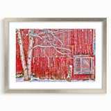 Textured abstract art print depicting a serene Vermont landscape in muted earth tones, framed with a silver mat.