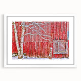 Abstract art print of Vermont scenery in muted green and blue tones on a framed white mat, ideal for dining room decor.