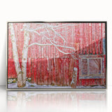 Mid-century modernist art depicting Vermont scenery in muted earth tones on a silver-framed acrylic print.