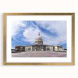 Extra large abstract print of the Washington DC Capitol in textured gold hues on a framed canvas.