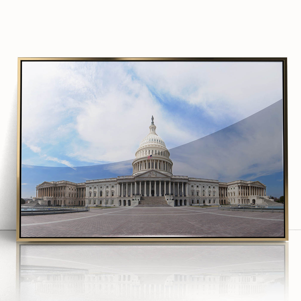 Acrylic print of Washington D.C. Capitol in gold tones, ideal for modern art wall decor.