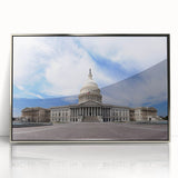 Mid-century modernist art of the Washington DC Capitol in muted tones on a framed acrylic print.