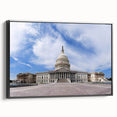 Black and white framed canvas of Washington D.C. Capitol, vintage poster style, ideal for bedroom wall art.