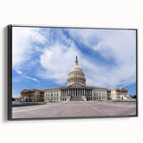 Black and white framed canvas of Washington D.C. Capitol, vintage poster style, ideal for bedroom wall art.
