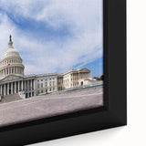 Framed canvas of the U.S. Capitol in black with colorful, textured accents, ideal for extra large living room wall art.