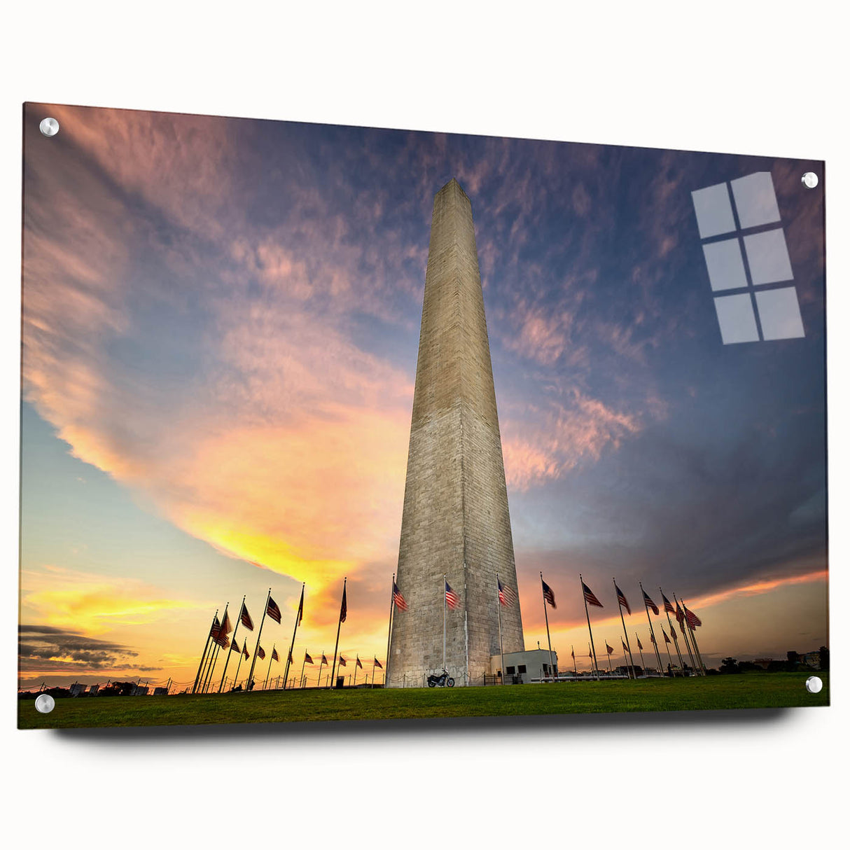 Acrylic print of Washington DC monument in muted gray tones, ideal for dining room decor.