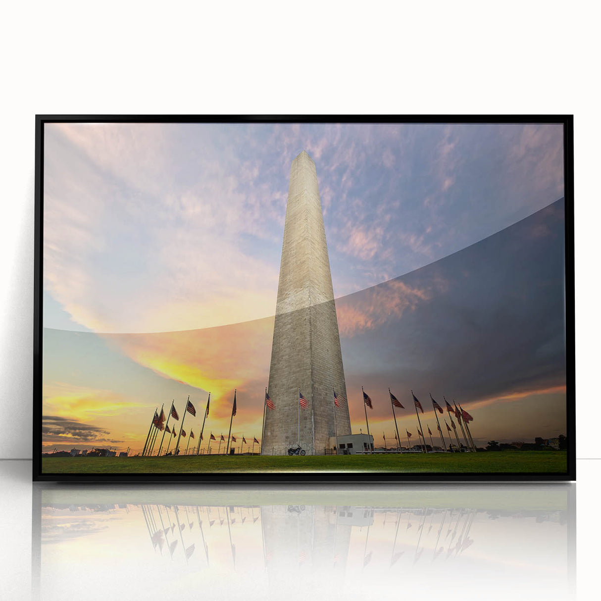 Large abstract wall art of Washington D.C. monuments in black and white, framed acrylic, suitable for modern office decor.