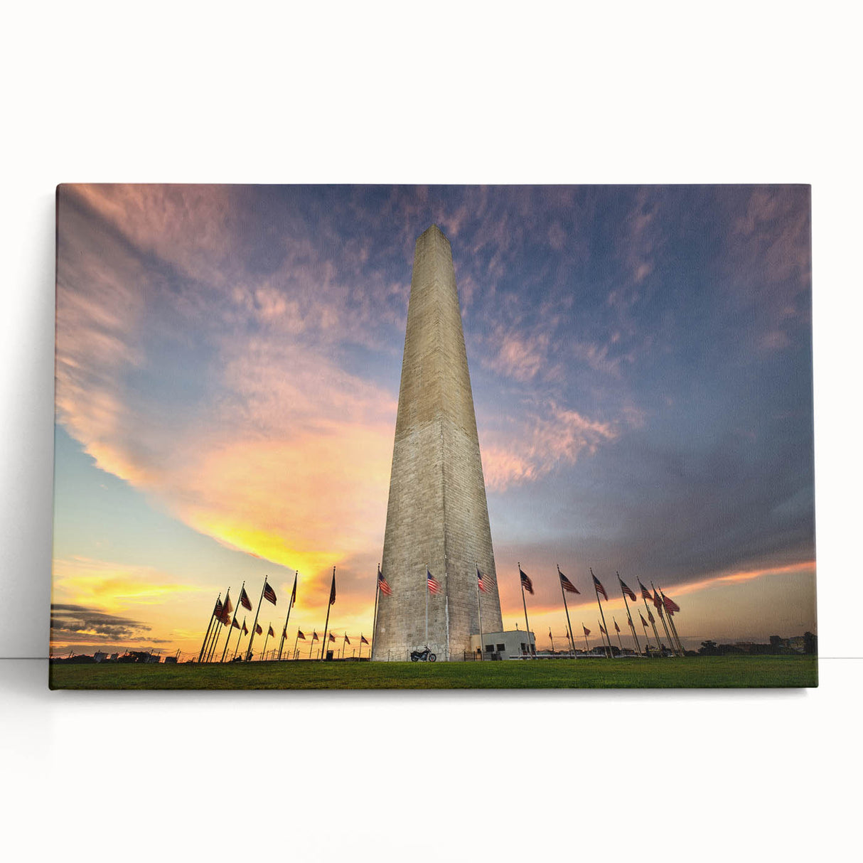 Black and white image of Washington DC monuments on large stretched canvas.