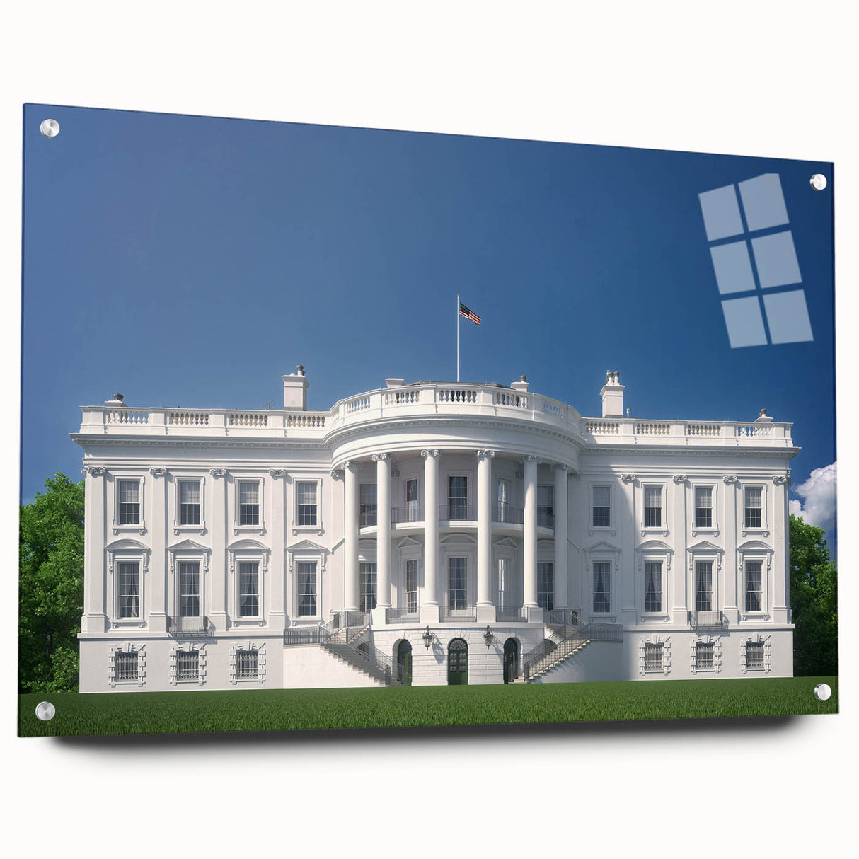 Acrylic print of Washington DC's White House in soft gray tones, ideal for bedroom or dining room decor.