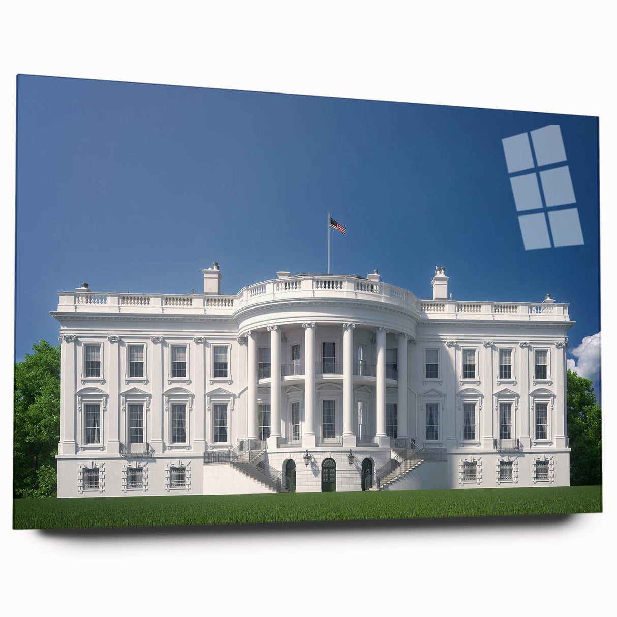 Acrylic print of the White House in muted gray tones, ideal for dining room art in a mid-century modernist style.