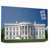 Acrylic print of the White House in muted gray tones, ideal for dining room art in a mid-century modernist style.