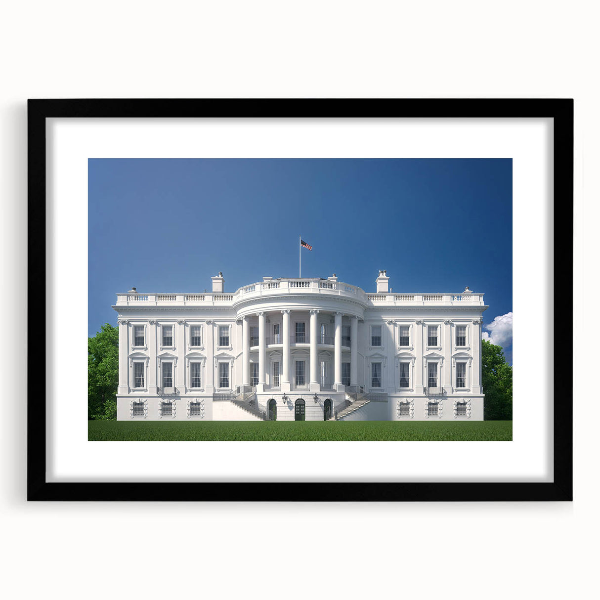 Colorful abstract art print of the White House in vibrant hues on a large framed canvas, ideal for living room decor.