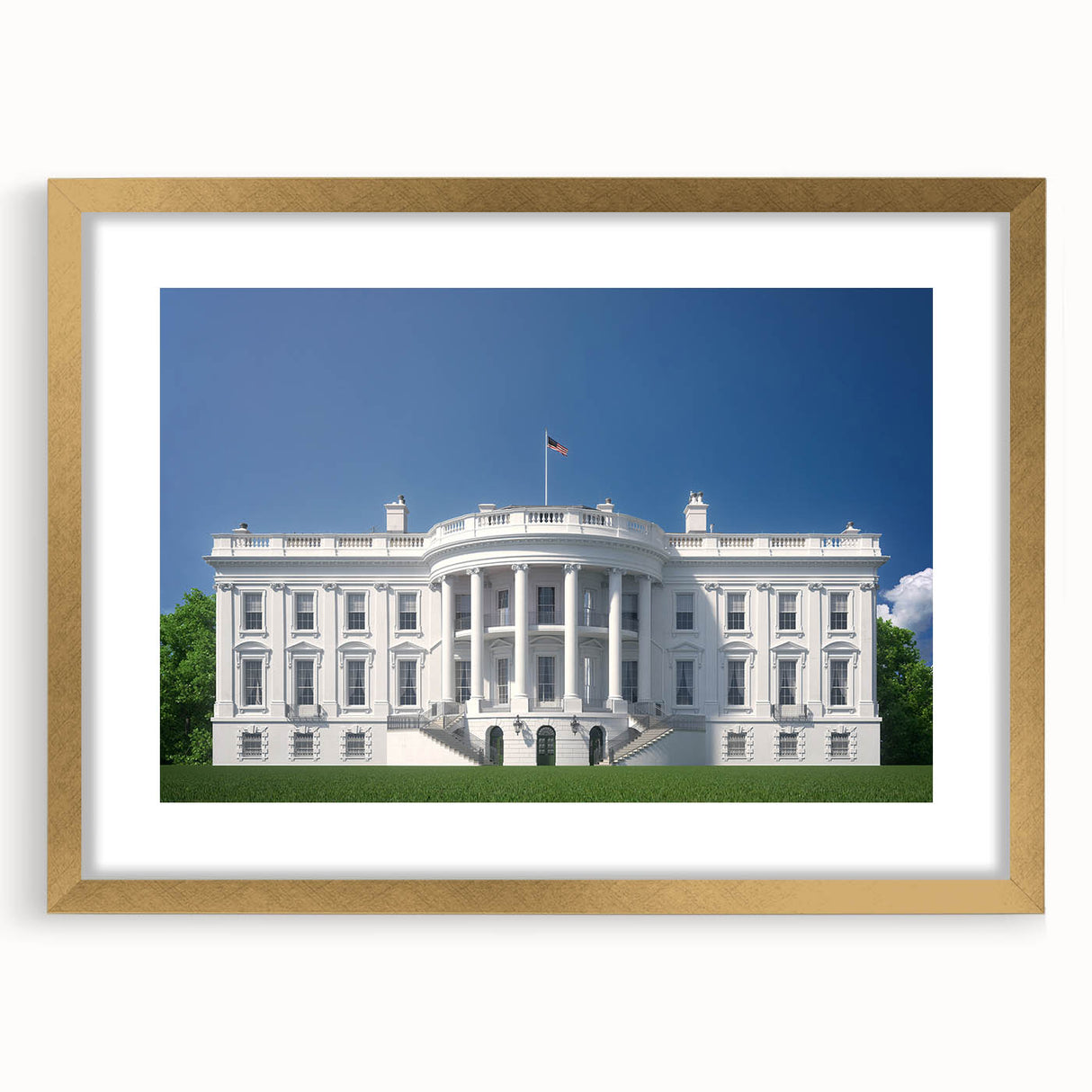 Extra large textured art print of the White House in abstract style, with a gold frame, ideal for living room decor.