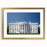 Extra large textured art print of the White House in abstract style, with a gold frame, ideal for living room decor.