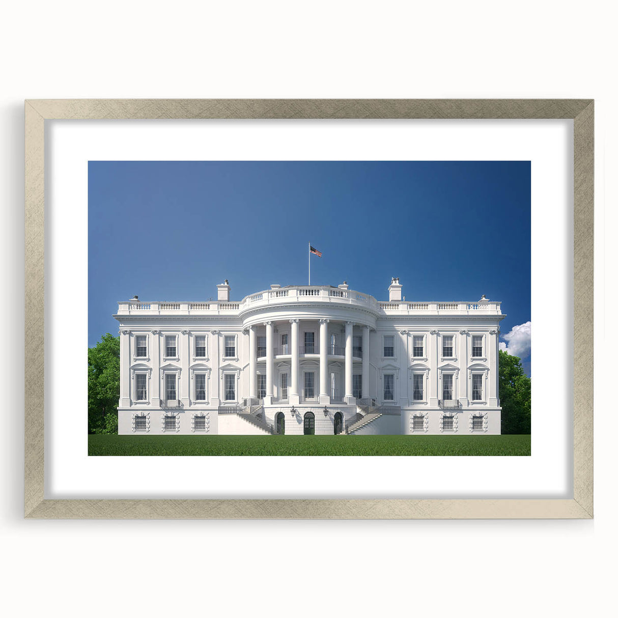 Textured art print of the White House in muted gray tones on a framed silver mat, suitable for bedroom decor.