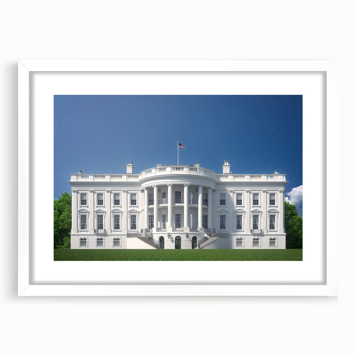 Abstract art print of the Washington DC skyline featuring the White House in muted gray and blue tones.