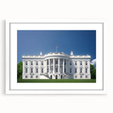 Abstract art print of the Washington DC skyline featuring the White House in muted gray and blue tones.
