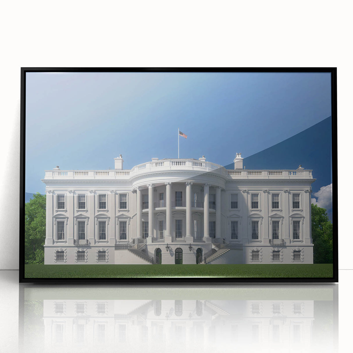 Large abstract wall art of the White House in muted gray tones, acrylic print framed in black, ideal for modern office decor.