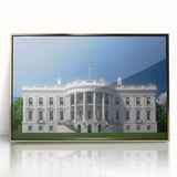 Acrylic print of the White House in Washington DC, framed in gold, in a mid-century modernist style.