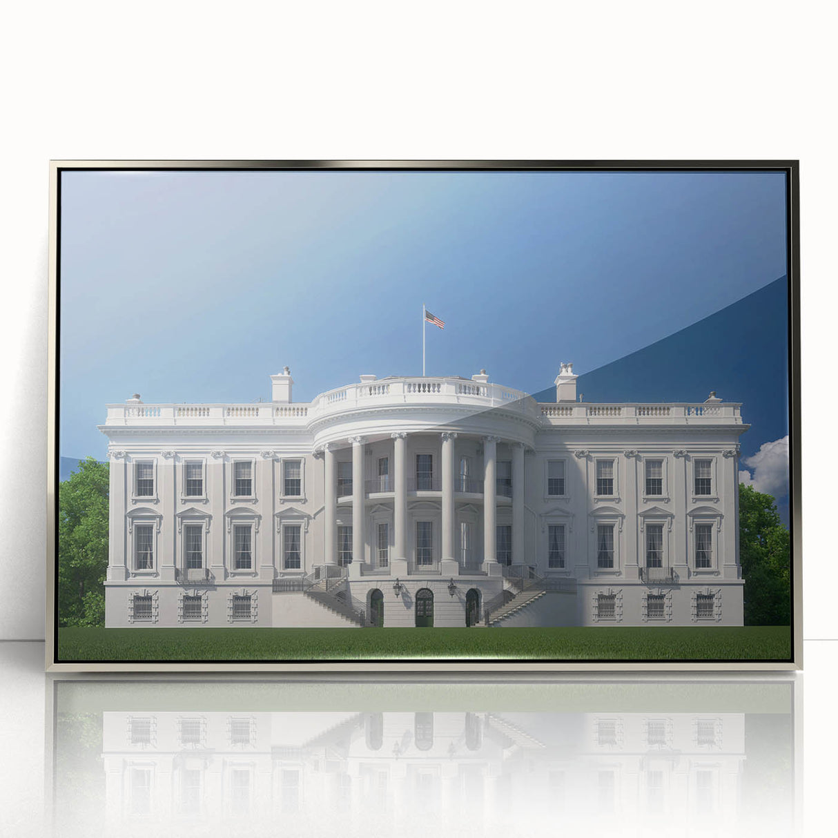 Mid-century modernist art of the White House in Washington DC in muted gray tones, framed acrylic.