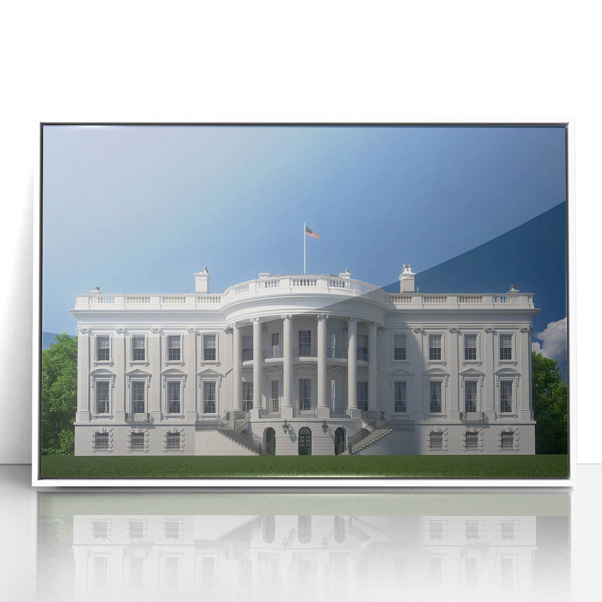 Acrylic print of the White House with a muted color palette, ideal for modern art wall decor in a study.