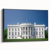 Black and white framed canvas of the White House in a vintage poster style, ideal for bedroom wall art.