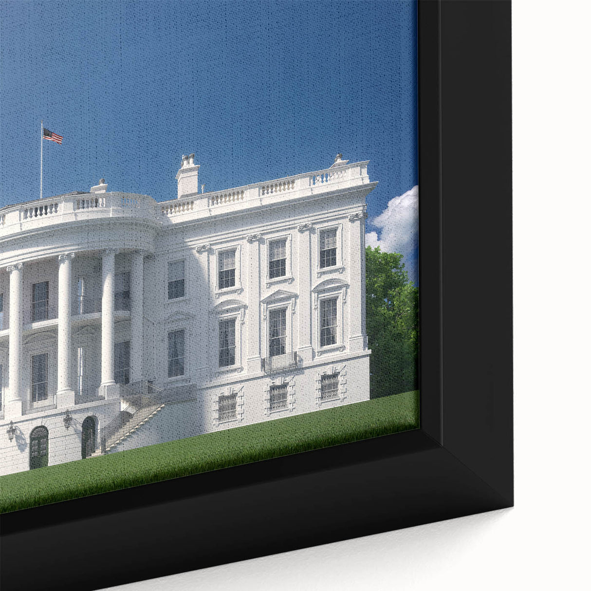 Close-up of a black wall art canvas featuring a textured depiction of the White House, set against vibrant colors.