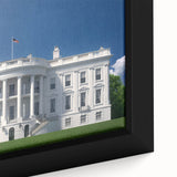 Close-up of a black wall art canvas featuring a textured depiction of the White House, set against vibrant colors.