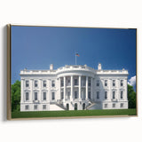 Framed canvas wall art featuring a side view of the White House in Washington DC, set against a black and gold color scheme.