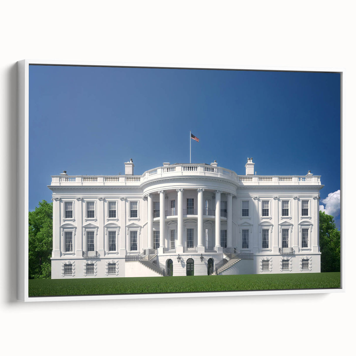 Vintage poster art of the White House in Washington DC in muted colors on a large framed canvas.