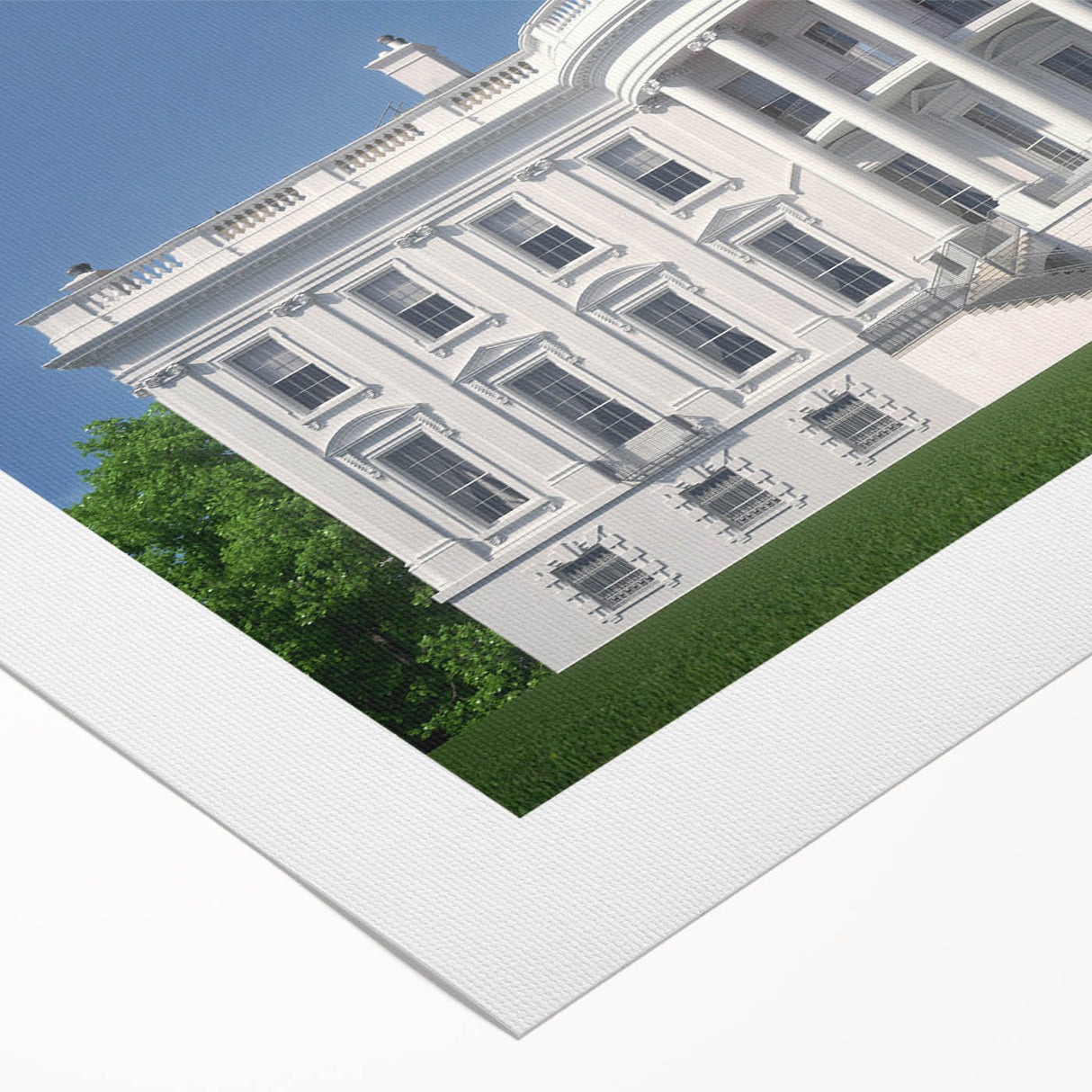 Art deco poster of the White House in muted gray tones on rolled canvas, suitable for dining room wall art.